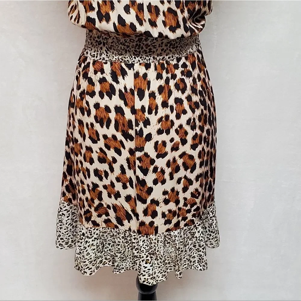 LEOPARD Cheetah Print Tie-Neck Smocked Waist Sleeveless A-line Mini Dress Large